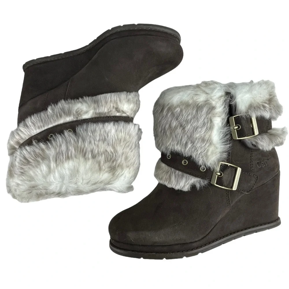 CATERPILLAR CAT BOISTEROUS FAUX FUR CAFE BROWN SUEDE WEDGE WINTER BOOTIES BOOTS